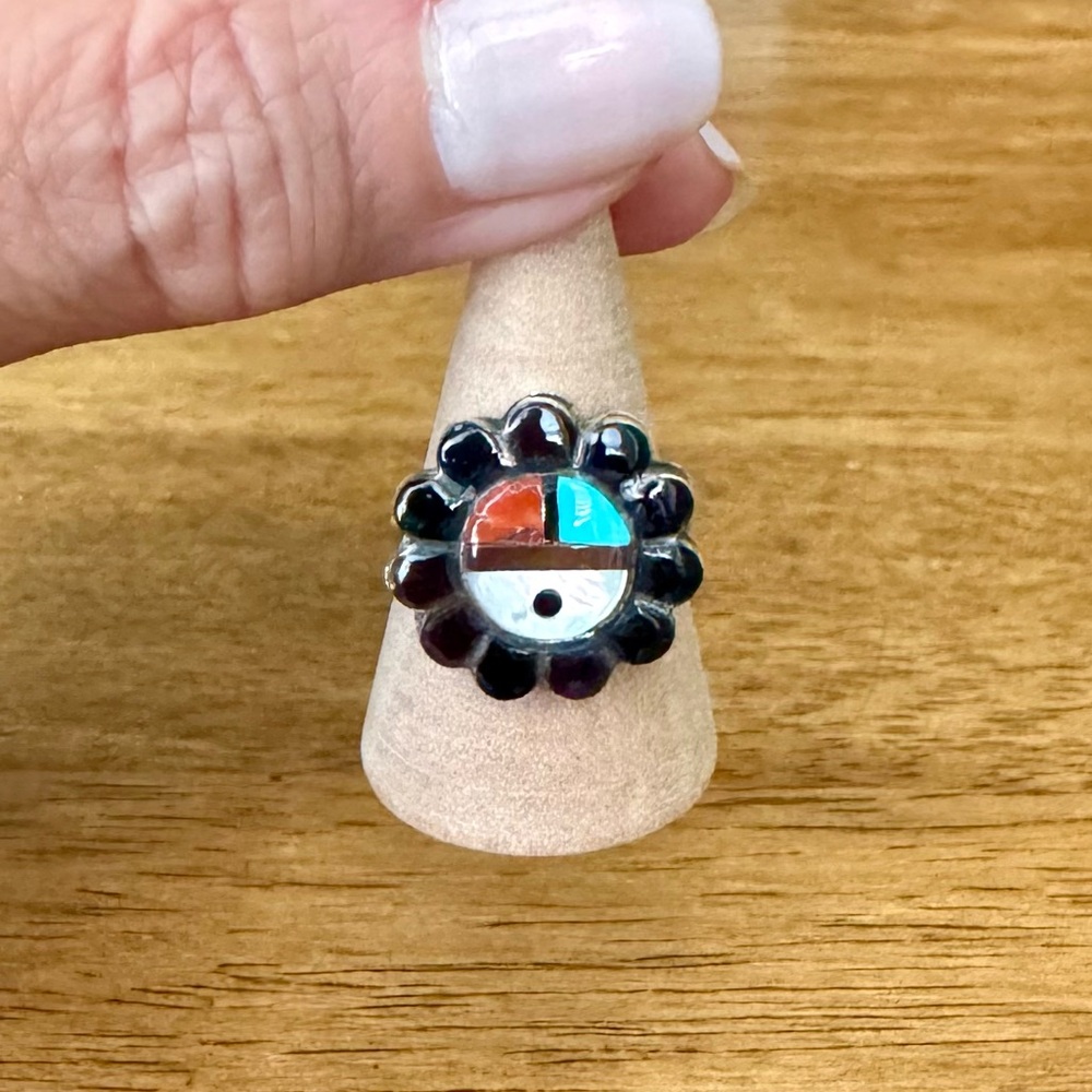 Zuni Sunface Traditional Native American Ring Turquoise Coral 7 Sterling